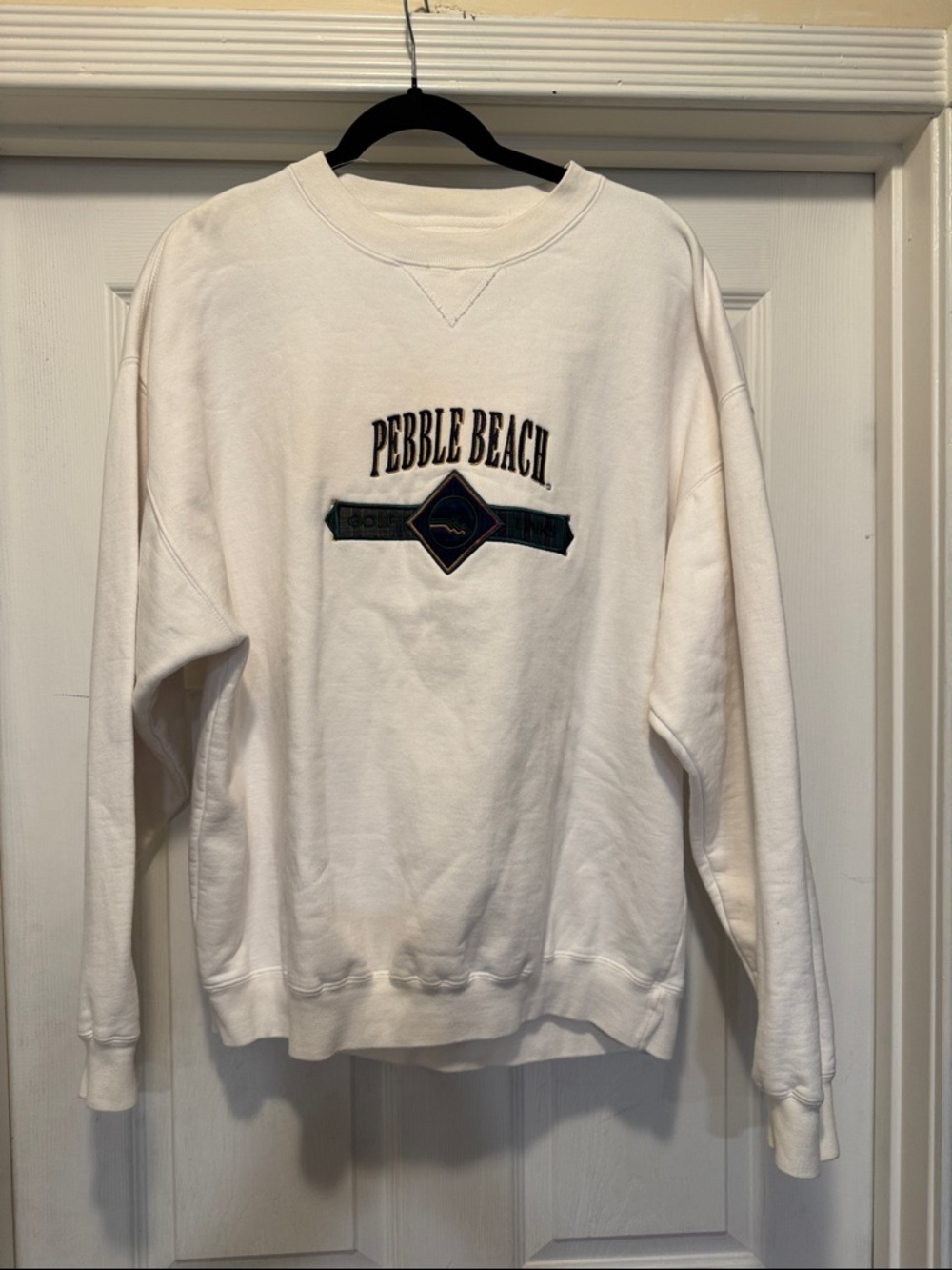 Pebble Beach White Crewneck Sweatshirt with Green & Navy Embroidery